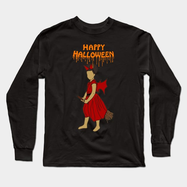 Happy Halloween witch on broom - orange Long Sleeve T-Shirt by DigillusionStudio